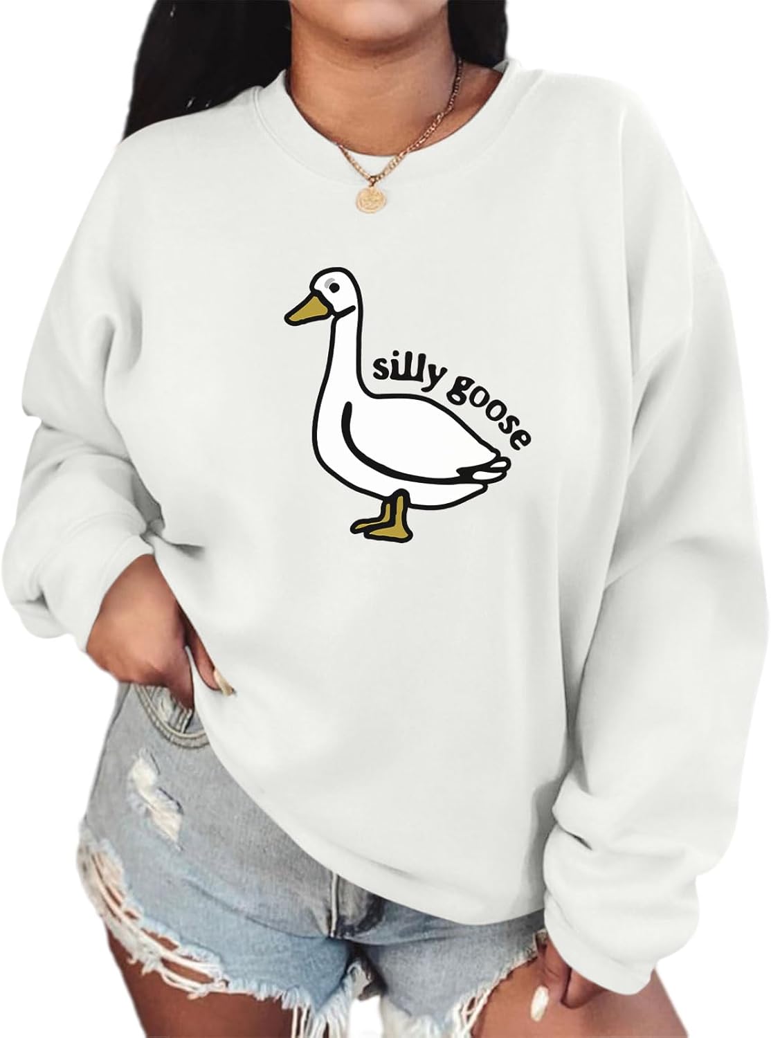Cute Silly Goose Duck Graphic Crewneck Sweatshirt for Women