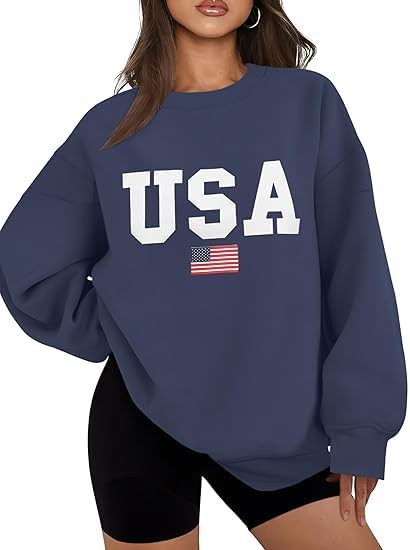 Oversized USA Flag Graphic Crewneck Sweatshirt for Women 4th of July