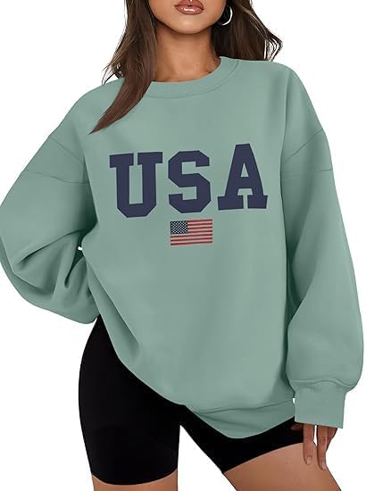 Oversized USA Flag Graphic Crewneck Sweatshirt for Women 4th of July