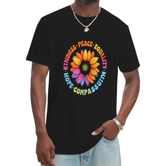 Kindness Peace Equality Love Hope Diversity Human Rights Black Floral Sunflower Pattern T-Shirt
