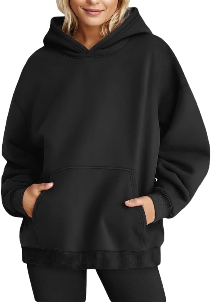 Long Sleeve Oversized Pullover Solid Color Hoodie Fall Winter Sweatshirt with Pocket