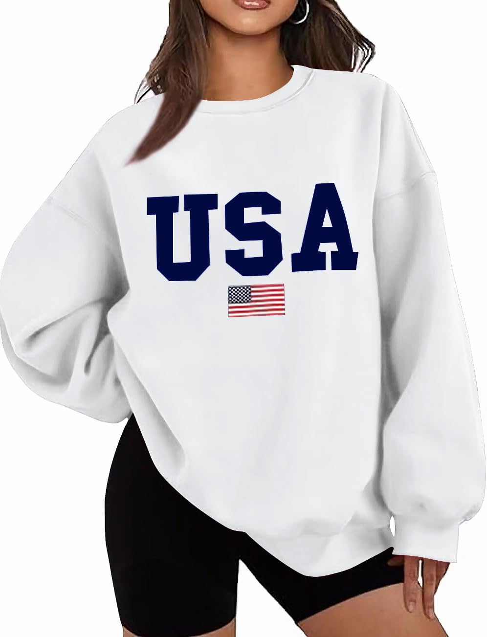 Oversized USA Flag Graphic Crewneck Sweatshirt for Women 4th of July
