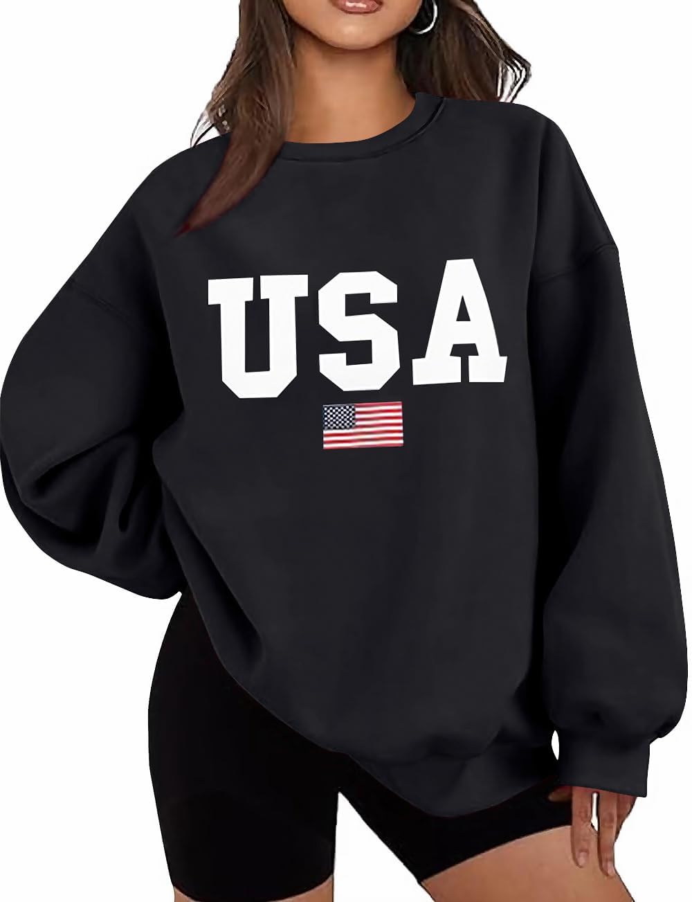 Oversized USA Flag Graphic Crewneck Sweatshirt for Women 4th of July