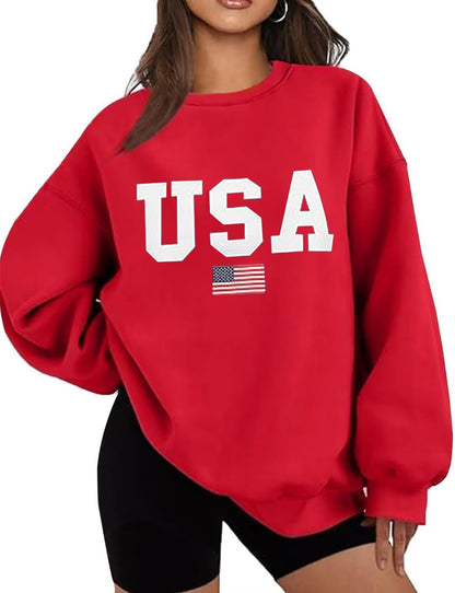 Oversized USA Flag Graphic Crewneck Sweatshirt for Women 4th of July
