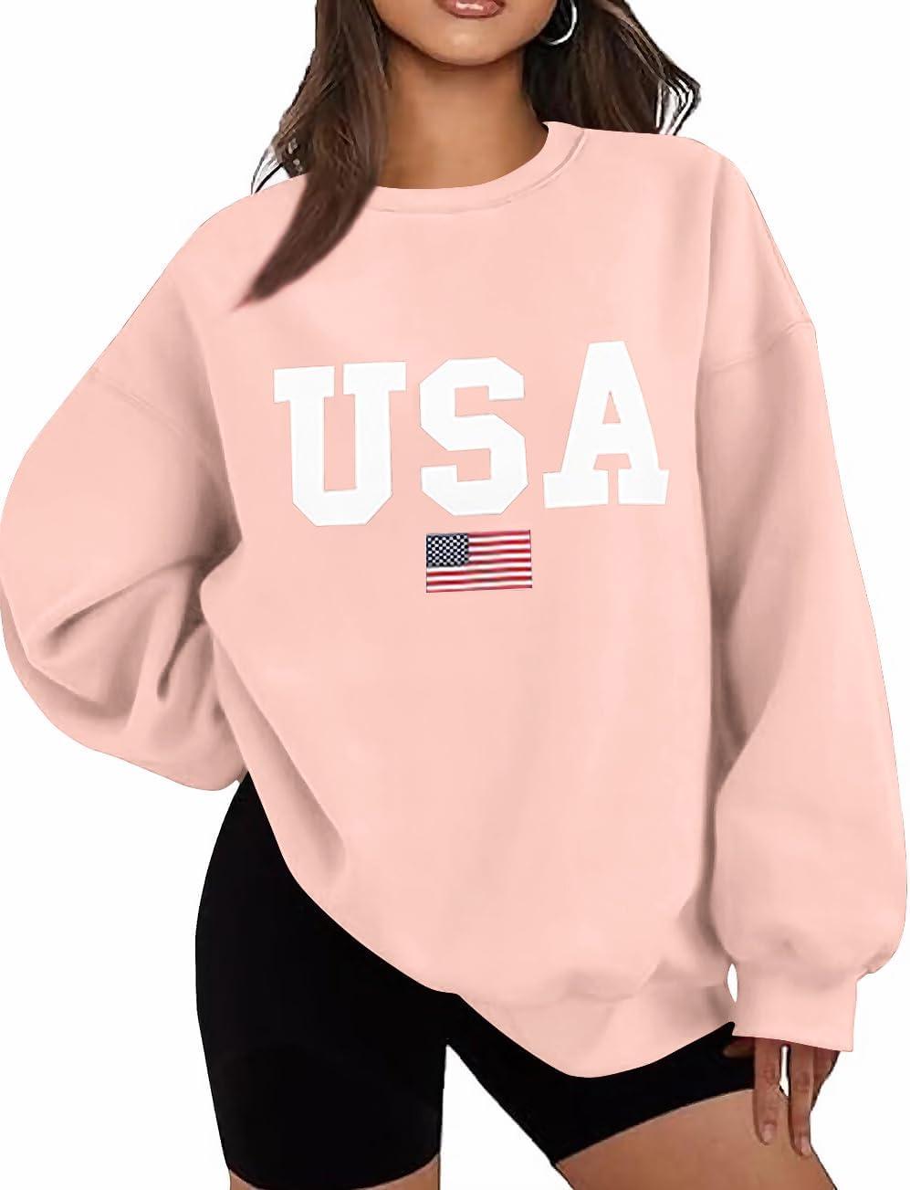 Oversized USA Flag Graphic Crewneck Sweatshirt for Women 4th of July