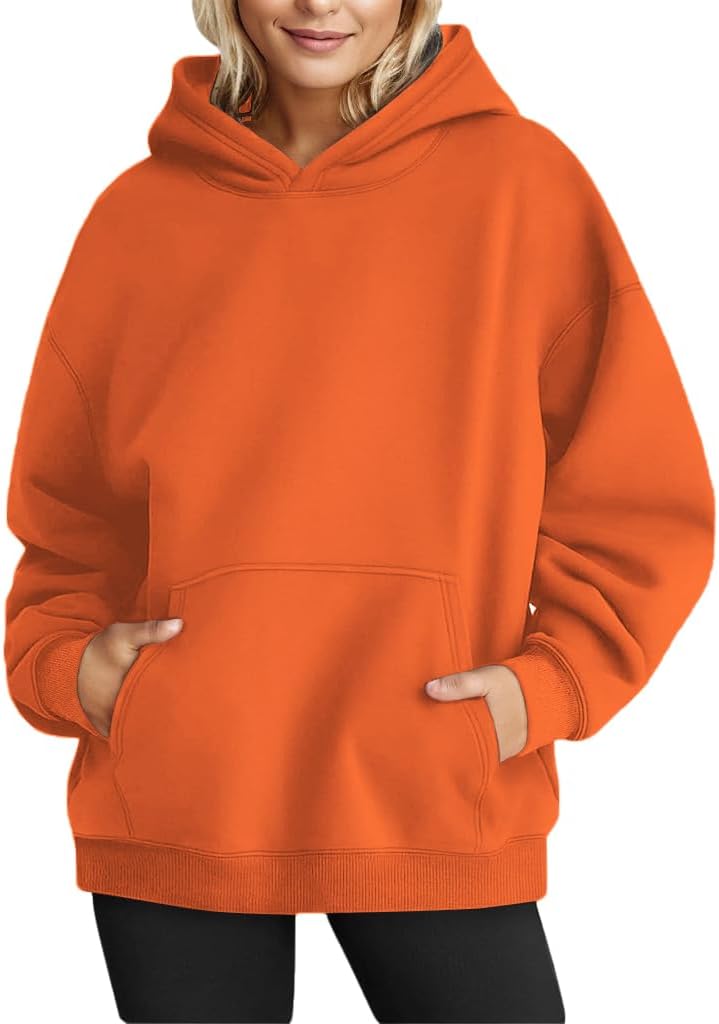 Long Sleeve Oversized Pullover Solid Color Hoodie Fall Winter Sweatshirt with Pocket