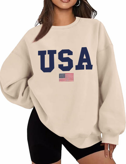 Oversized USA Flag Graphic Crewneck Sweatshirt for Women 4th of July