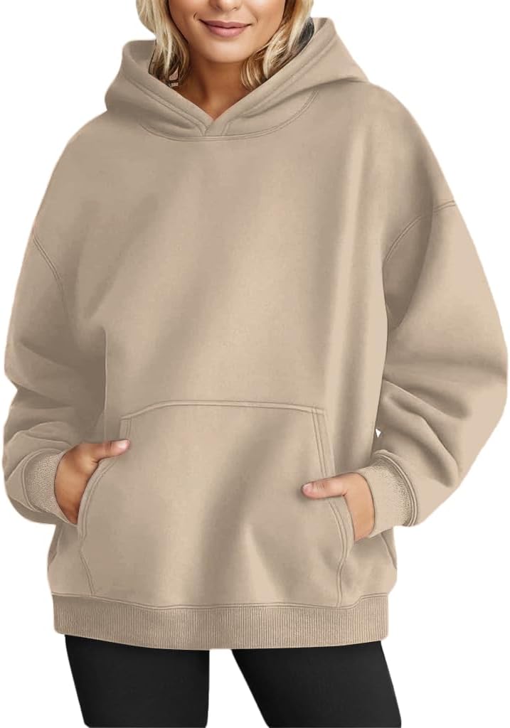 Long Sleeve Oversized Pullover Solid Color Hoodie Fall Winter Sweatshirt with Pocket