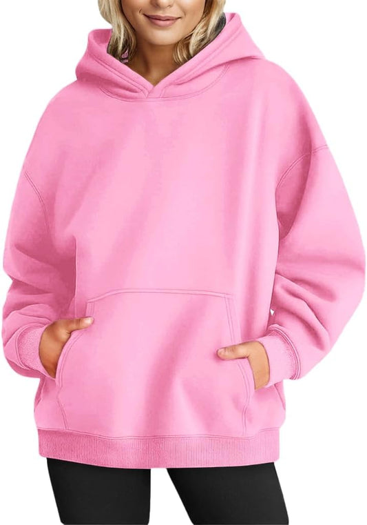 Long Sleeve Oversized Pullover Solid Color Hoodie Fall Winter Sweatshirt with Pocket
