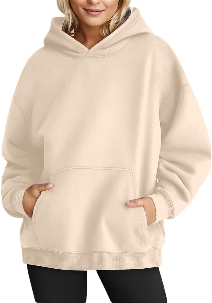 Long Sleeve Oversized Pullover Solid Color Hoodie Fall Winter Sweatshirt with Pocket