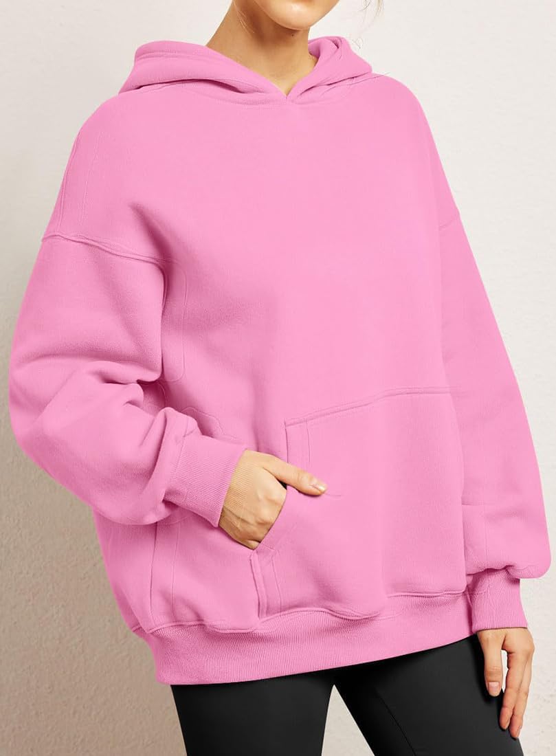 Long Sleeve Oversized Pullover Solid Color Hoodie Fall Winter Sweatshirt with Pocket