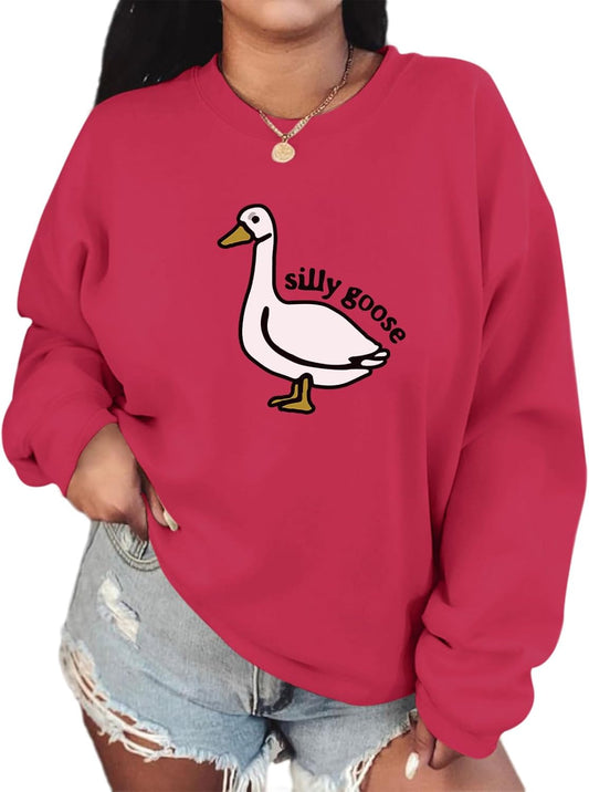 Cute Silly Goose Duck Graphic Crewneck Sweatshirt for Women