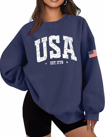 Oversized USA Flag Graphic Crewneck Sweatshirt for Women 4th of July