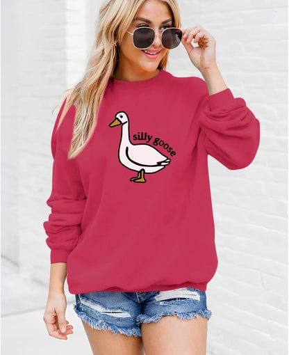 Cute Silly Goose Duck Graphic Crewneck Sweatshirt for Women