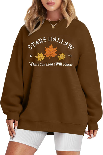 Fall Leaf Graphic Crewneck Sweatshirt for Women Vacation Pullover