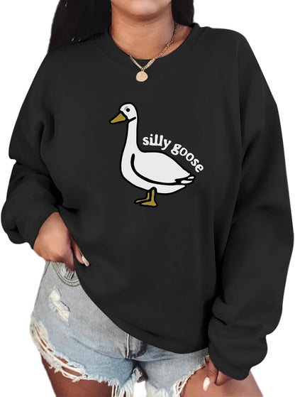 Cute Silly Goose Duck Graphic Crewneck Sweatshirt for Women