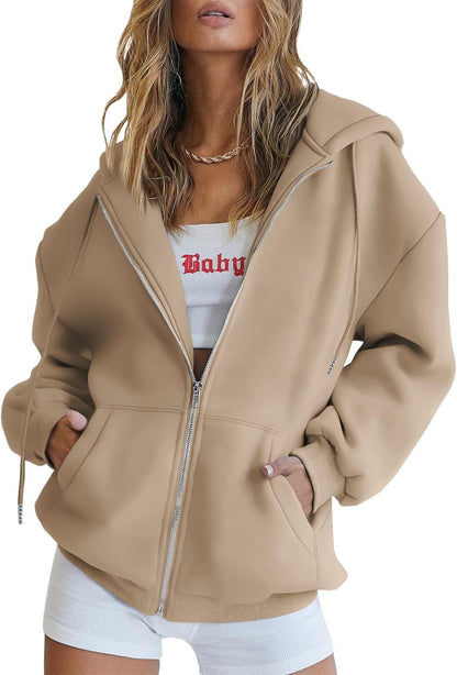 Women's Drawstring Zip Up Cute Hoodies Fall Jacket Oversized Casual Sweatshirts with Pocket