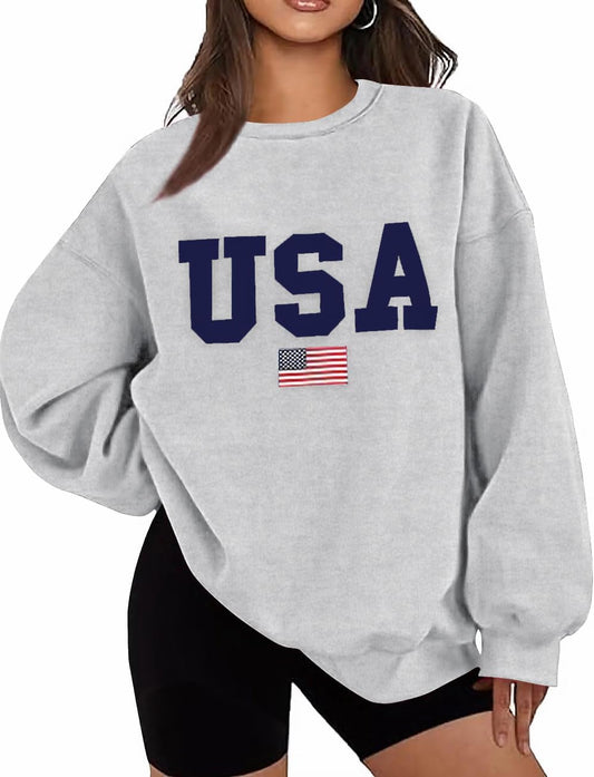 Oversized USA Flag Graphic Crewneck Sweatshirt for Women 4th of July