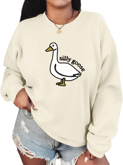 Cute Silly Goose Duck Graphic Crewneck Sweatshirt for Women