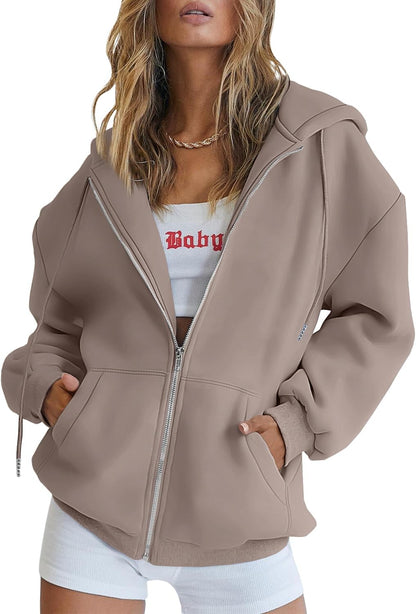 Women's Drawstring Zip Up Cute Hoodies Fall Jacket Oversized Casual Sweatshirts with Pocket