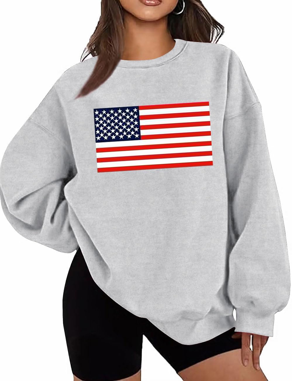 Oversized USA Flag Graphic Crewneck Sweatshirt for Women 4th of July