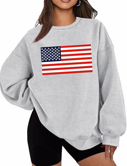 Oversized USA Flag Graphic Crewneck Sweatshirt for Women 4th of July