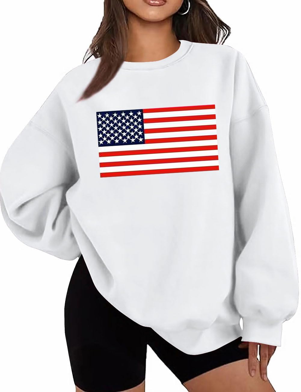 Oversized USA Flag Graphic Crewneck Sweatshirt for Women 4th of July