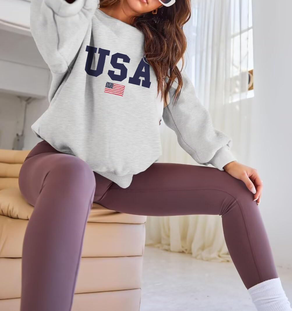 Oversized USA Flag Graphic Crewneck Sweatshirt for Women 4th of July