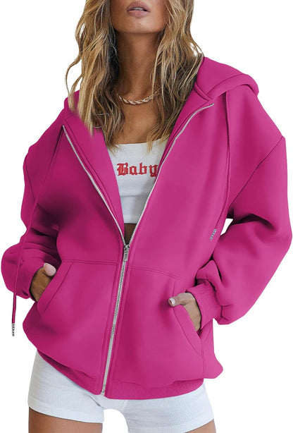 Women's Drawstring Zip Up Cute Hoodies Fall Jacket Oversized Casual Sweatshirts with Pocket