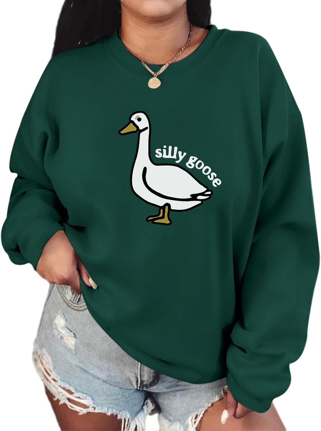 Cute Silly Goose Duck Graphic Crewneck Sweatshirt for Women