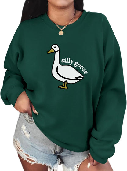 Cute Silly Goose Duck Graphic Crewneck Sweatshirt for Women