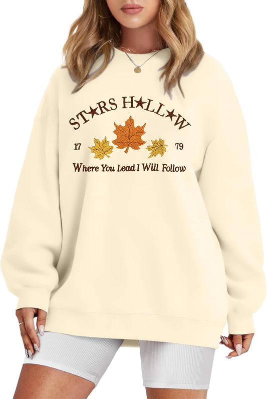Fall Leaf Graphic Crewneck Sweatshirt for Women Vacation Pullover