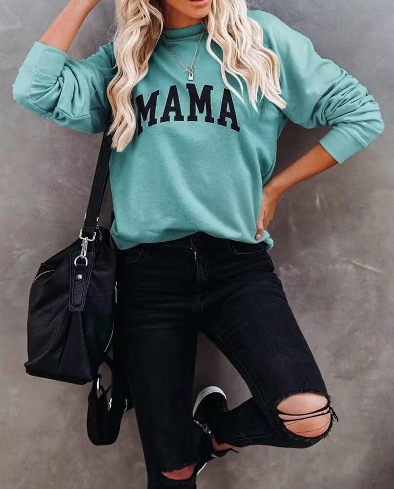 Mama Letter Graphic Crewneck Sweatshirt for Women Casual Pullover