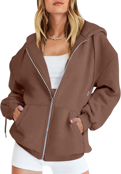 Womens Zip Up Hoodies Long Sleeve Oversized Sweatshirts Y2K Jacket Pockets