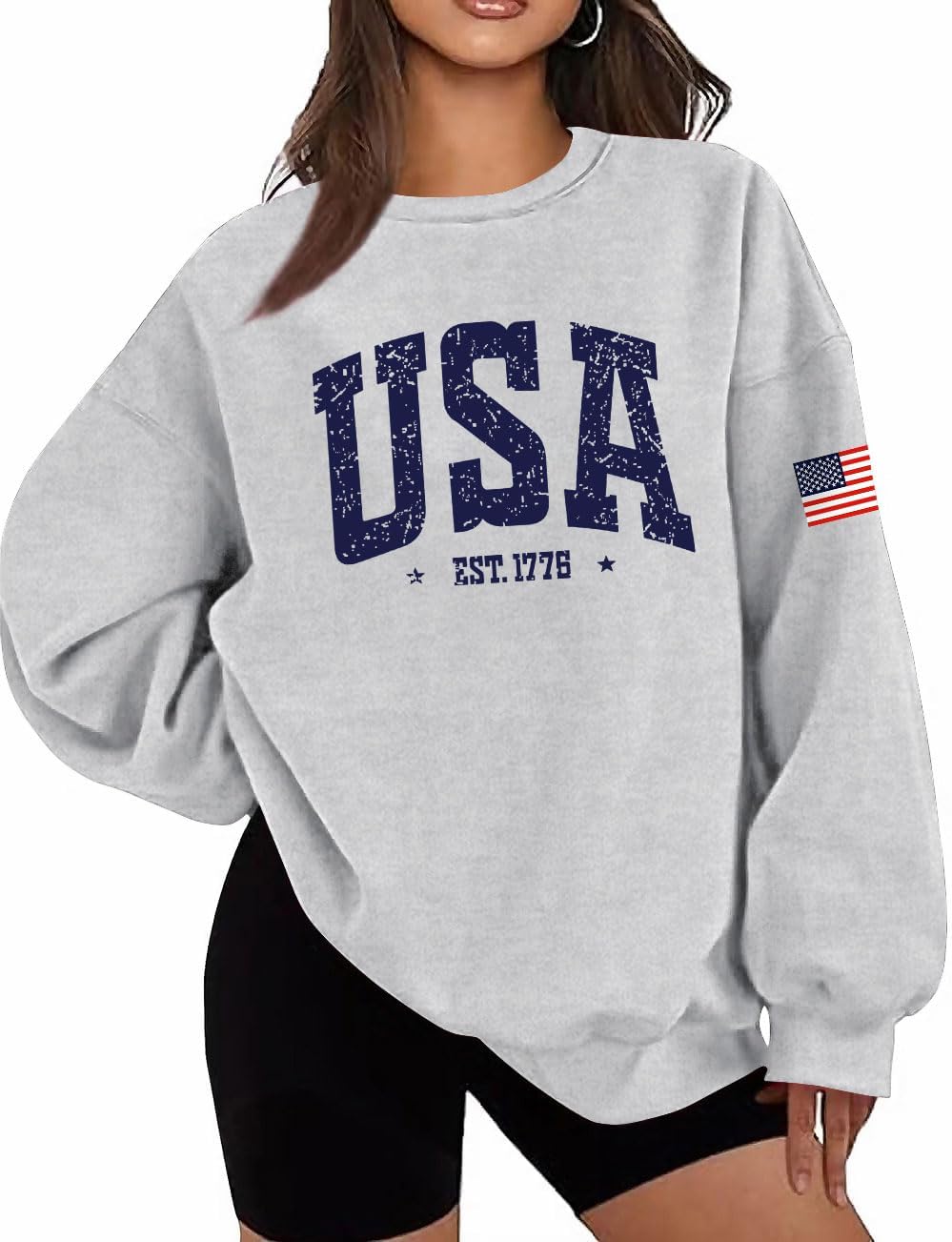 Oversized USA Flag Graphic Crewneck Sweatshirt for Women 4th of July