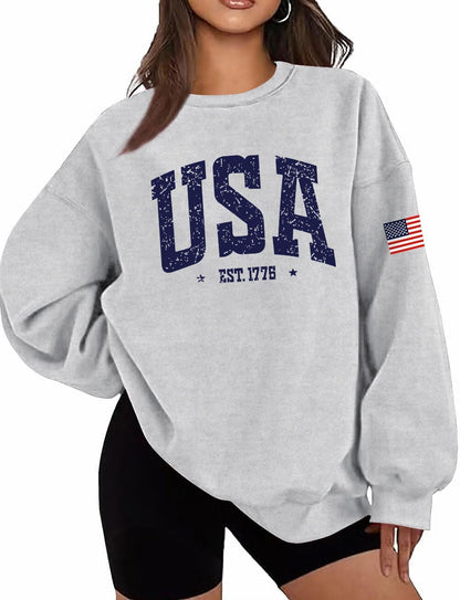 Oversized USA Flag Graphic Crewneck Sweatshirt for Women 4th of July
