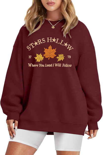 Fall Leaf Graphic Crewneck Sweatshirt for Women Vacation Pullover