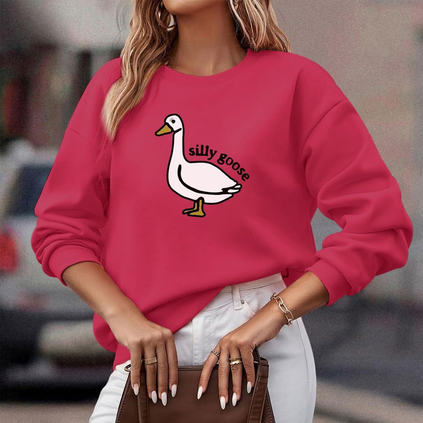 Cute Silly Goose Duck Graphic Crewneck Sweatshirt for Women