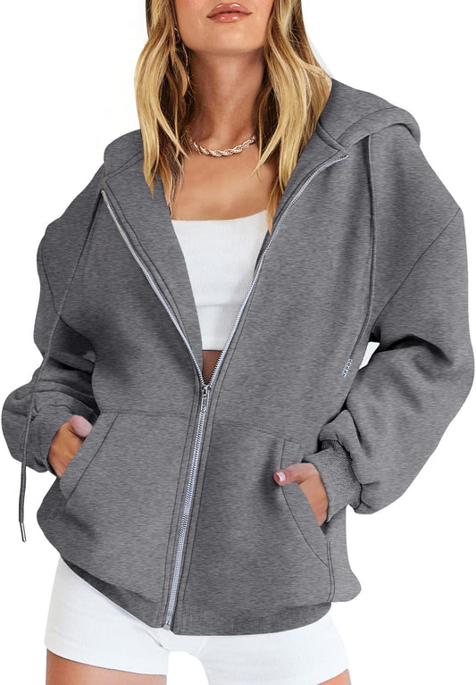 Womens Zip Up Hoodies Long Sleeve Oversized Sweatshirts Y2K Jacket Pockets