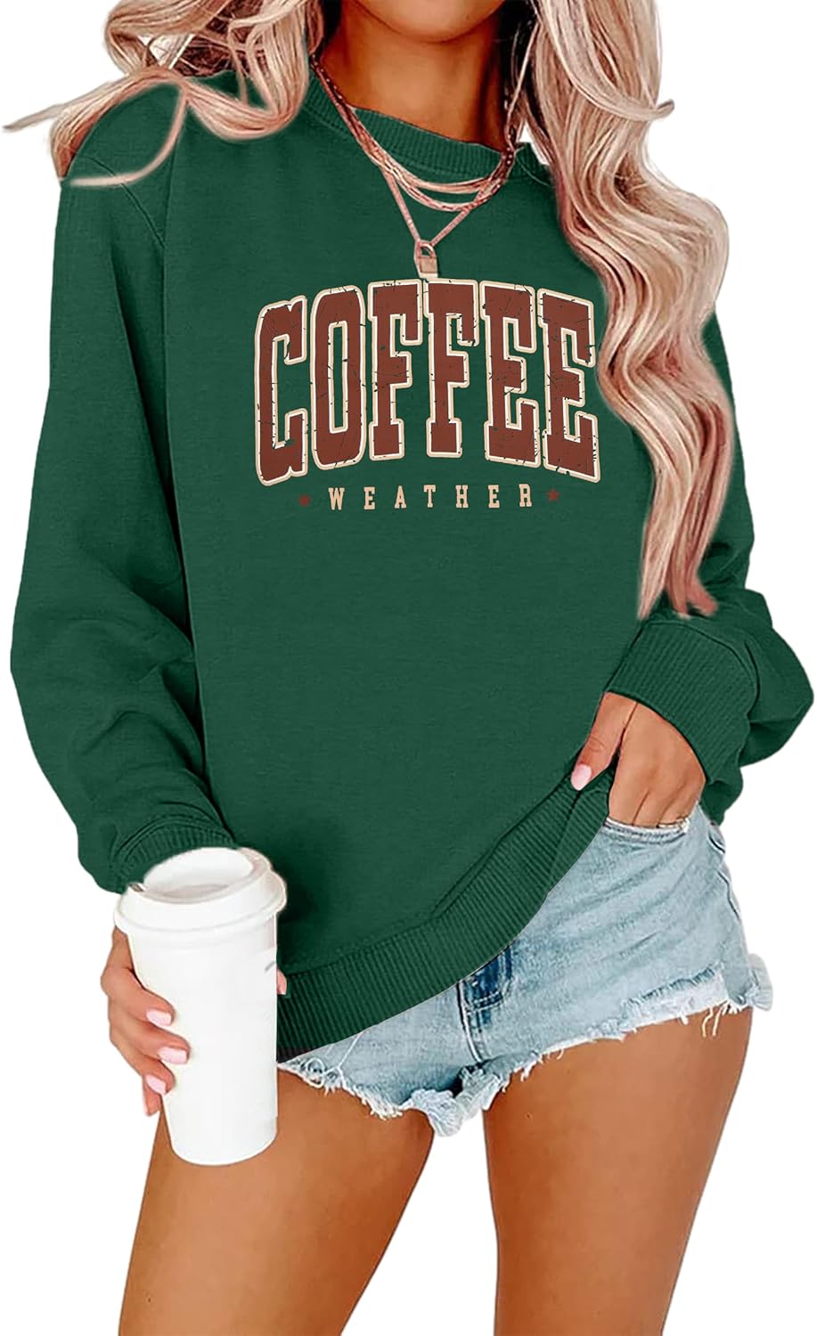 Coffee Weather Graphic Crewneck Sweatshirt for Women Fall Pullover