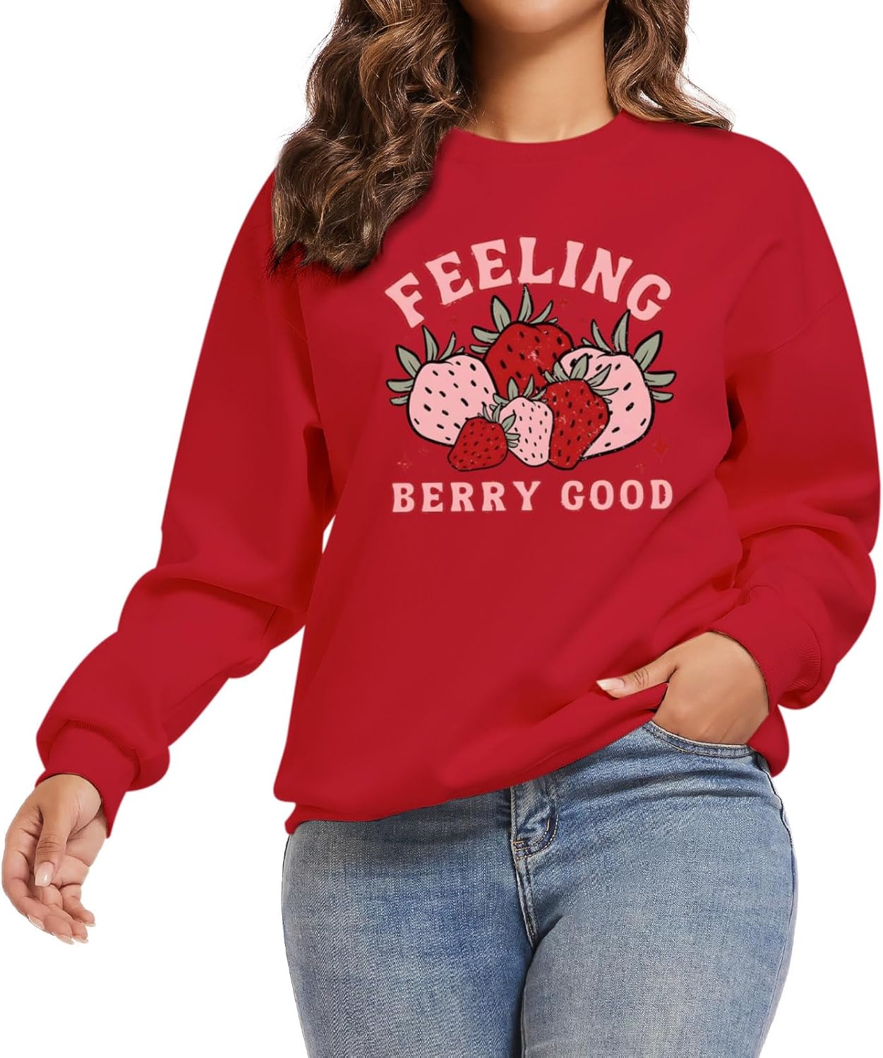 Cute Strawberry Graphic Crewneck Sweatshirt for Women Long Sleeve
