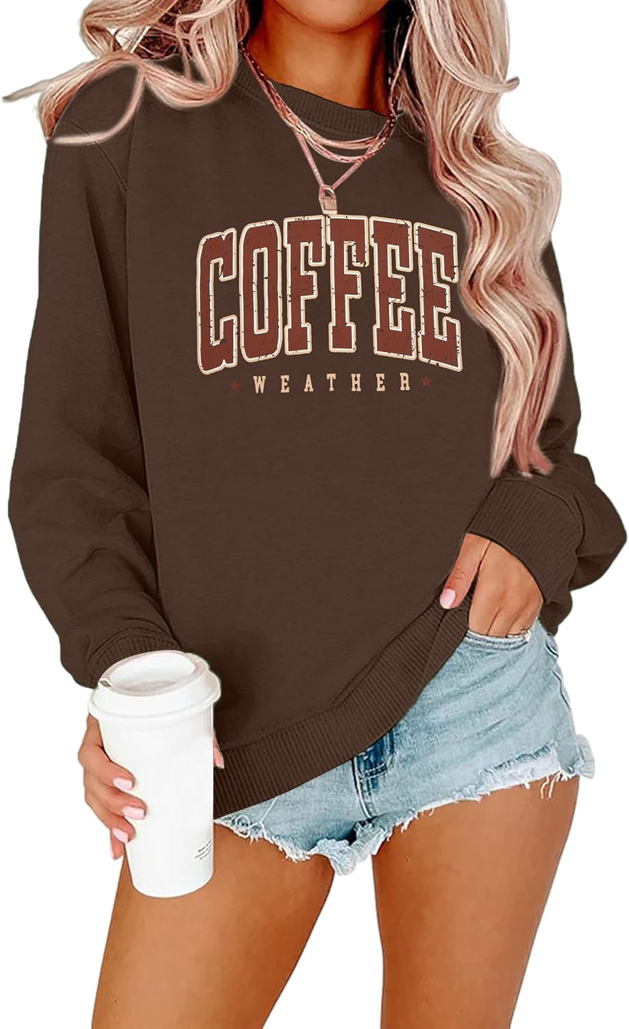 Coffee Weather Graphic Crewneck Sweatshirt for Women Fall Pullover
