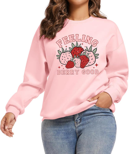 Cute Strawberry Graphic Crewneck Sweatshirt for Women Long Sleeve