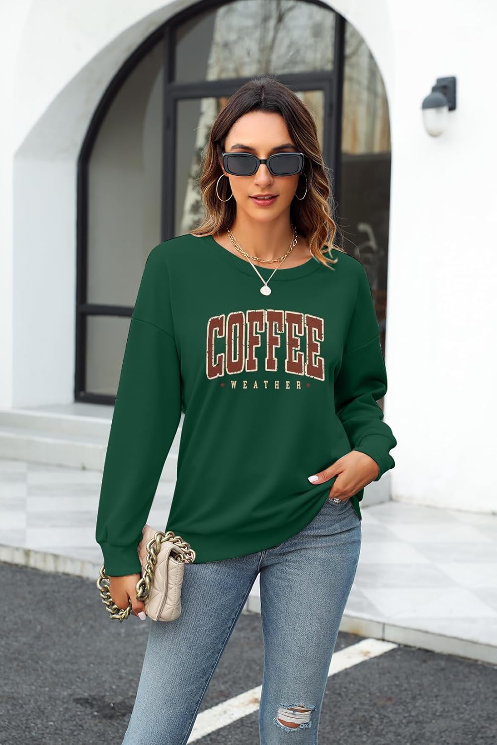 Coffee Weather Graphic Crewneck Sweatshirt for Women Fall Pullover