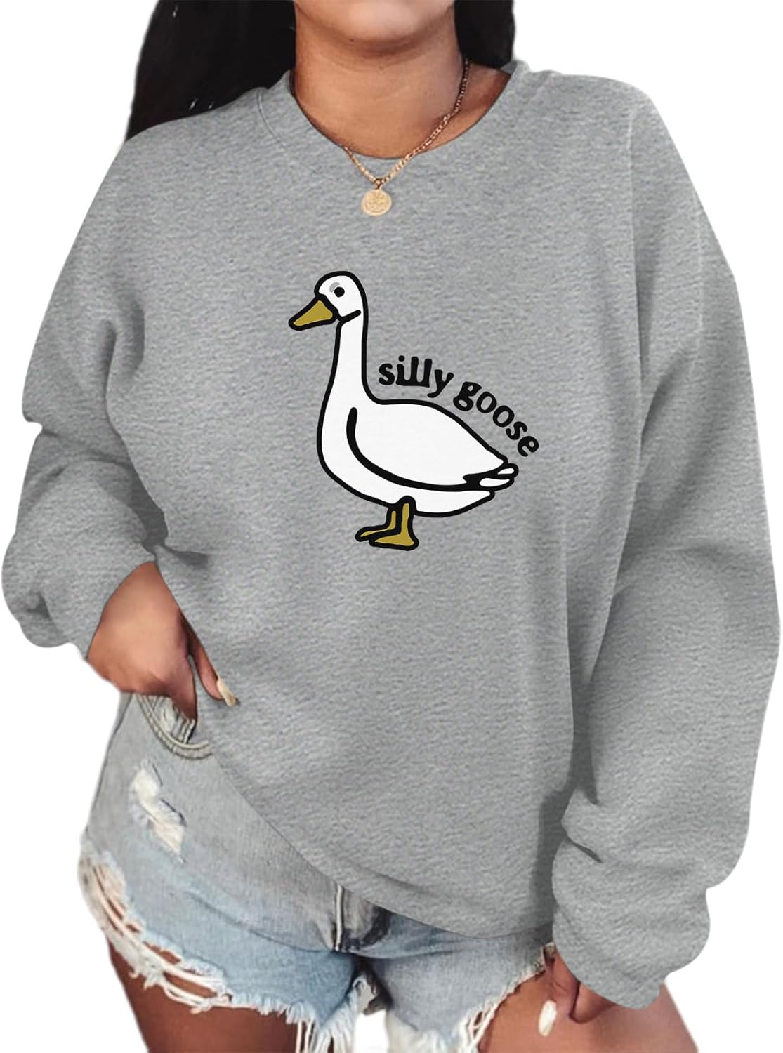 Cute Silly Goose Duck Graphic Crewneck Sweatshirt for Women