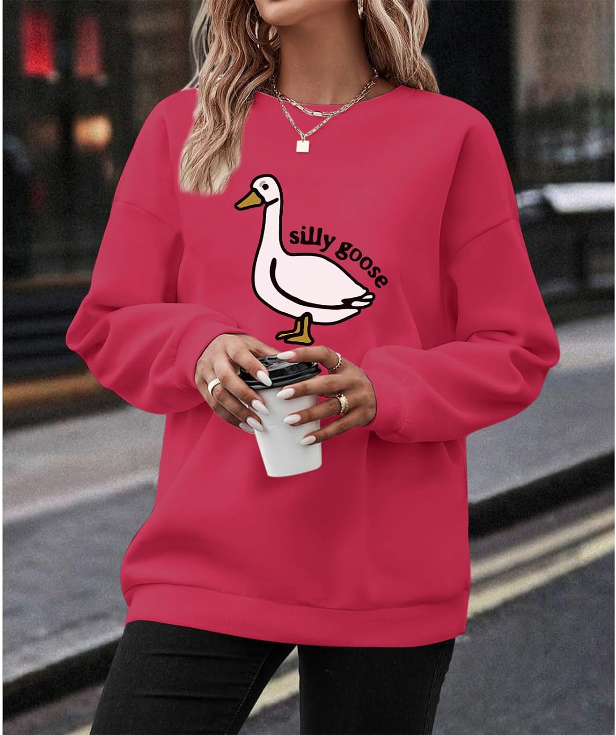 Cute Silly Goose Duck Graphic Crewneck Sweatshirt for Women