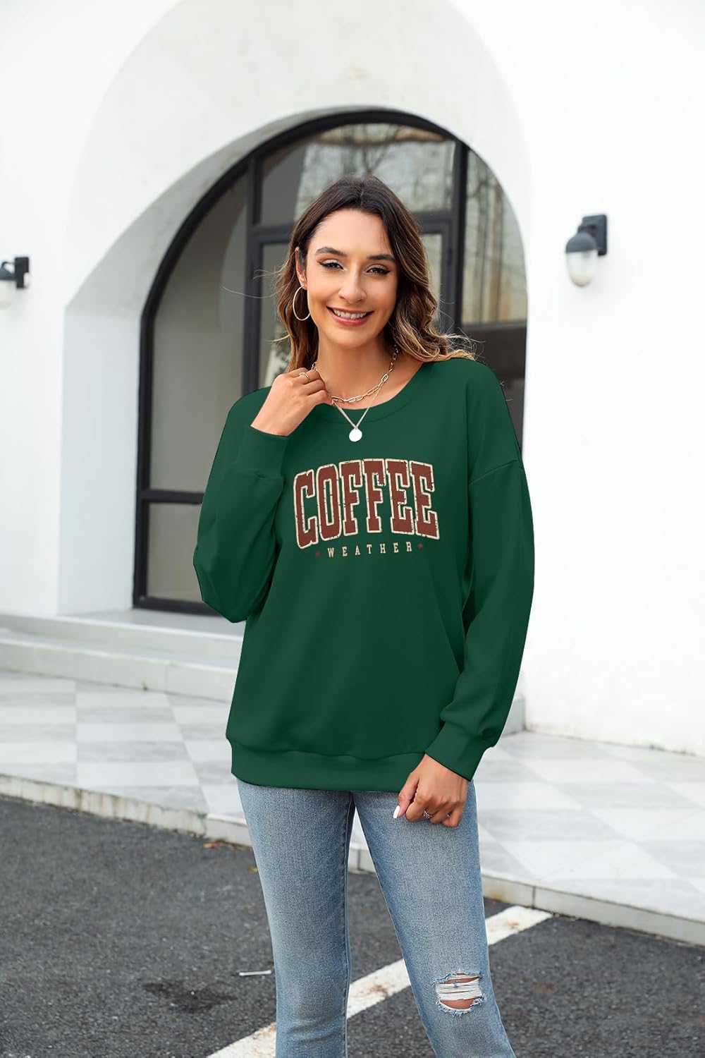Coffee Weather Graphic Crewneck Sweatshirt for Women Fall Pullover