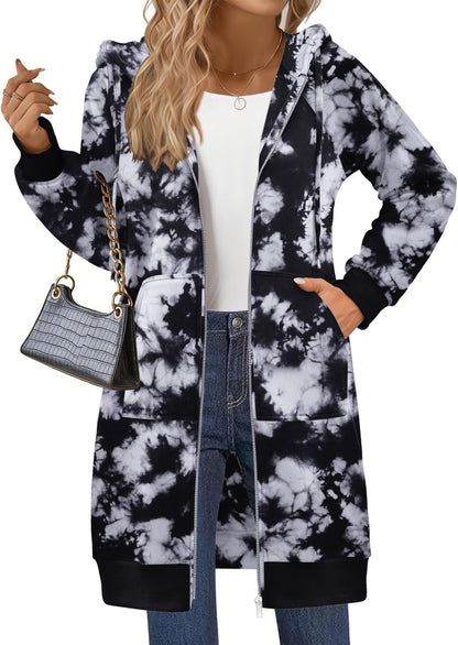Women's Zip Up Hoodies Long Sleeve Long Tunic Sweatshirts Oversized Casual 2025 Fall Jacket Coat with Pocket