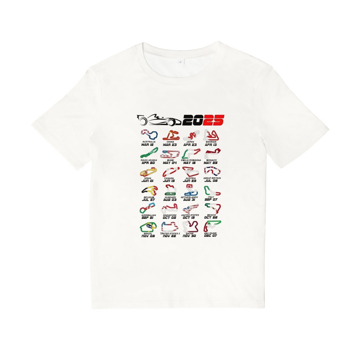 Calendar Formula Race Cars 2025 Circuits Colors White T-Shirt